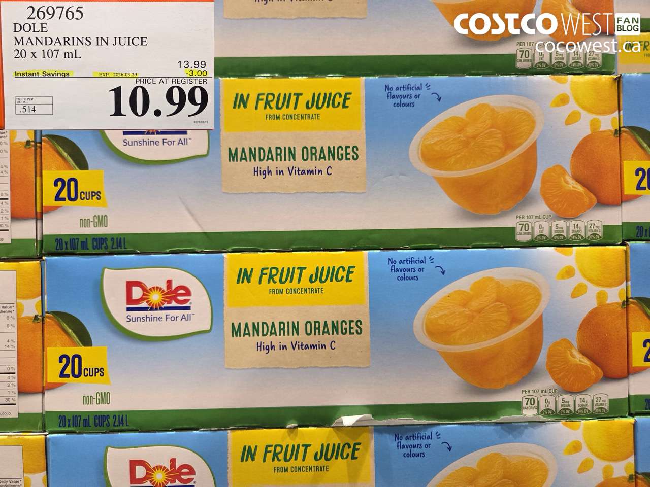 269765 DOLE MANDARINS IN JUICE 20 X 107 ML ($3.00 INSTANT SAVINGS EXPIRES ON 2026-03-29) $10.99