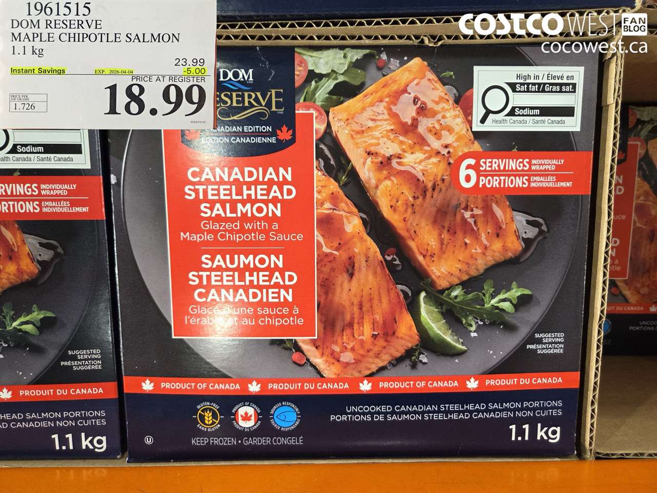1961515 DOM RESERVE MAPLE CHIPOTLE SALMON 1.1 KG ($5.00 INSTANT SAVINGS EXPIRES ON 2026-04-04) $18.99