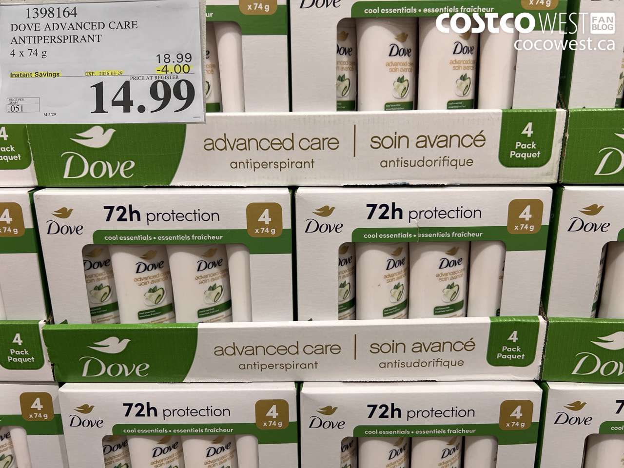 1398164 DOVE ADVANCED CARE ANTIPERSPIRANT 4 X 74G ($4.00 INSTANT SAVINGS EXPIRES ON 2026-03-29) $14.99