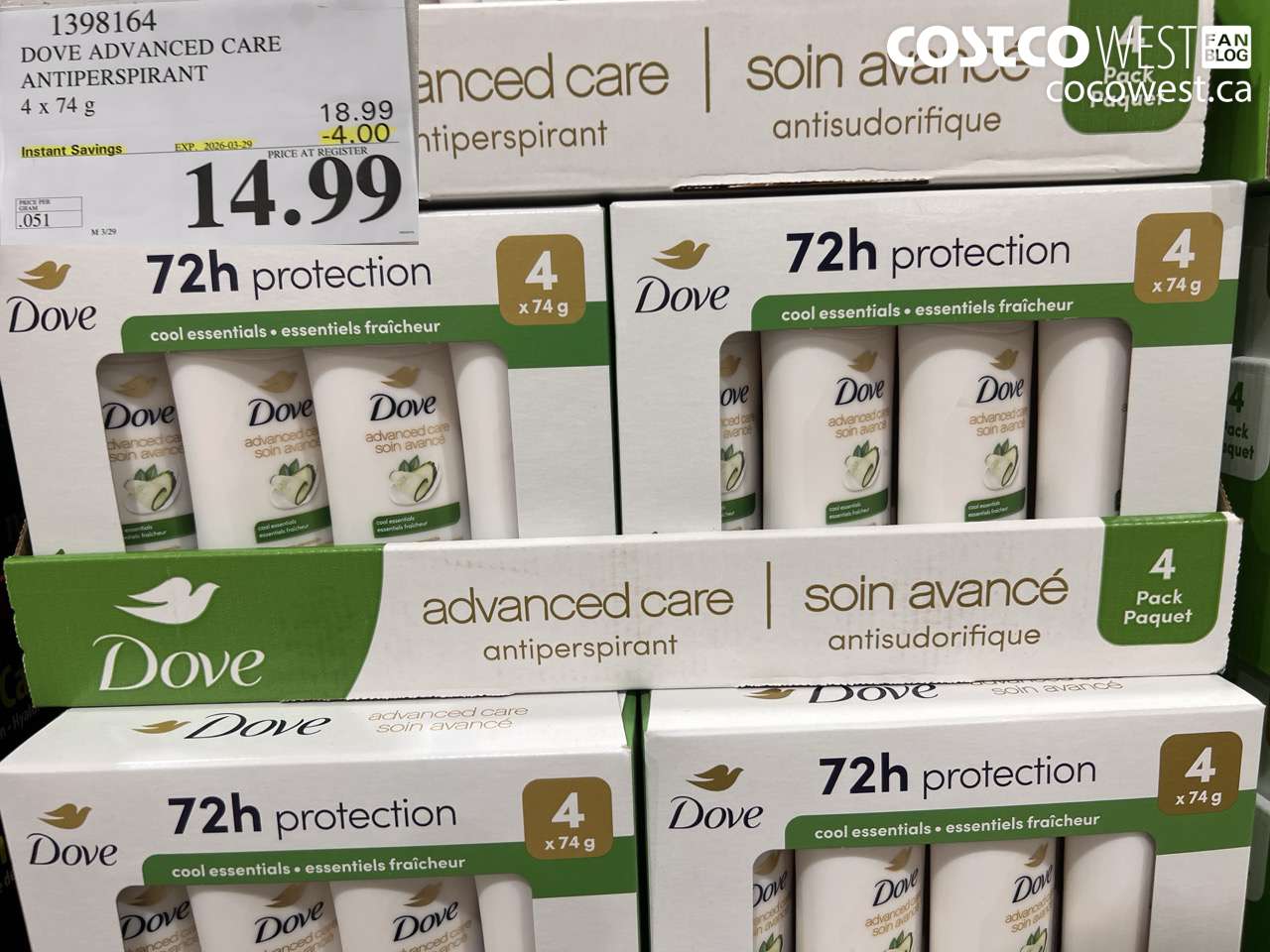 1398164 DOVE ADVANCED CARE ANTIPERSPIRANT 4 X 74 G ($4.00 INSTANT SAVINGS EXPIRES ON 2026-03-29) $14.99