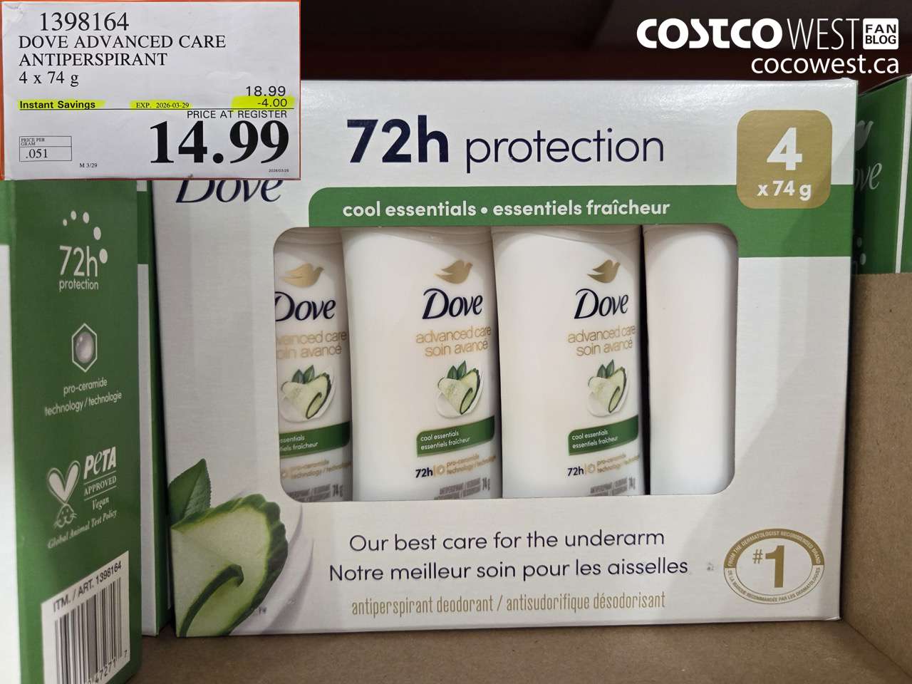 1398164 DOVE ADVANCED CARE ANTIPERSPIRANT 4 x 74 g ($4.00 INSTANT SAVINGS EXPIRES ON 2026-03-29) $14.99
