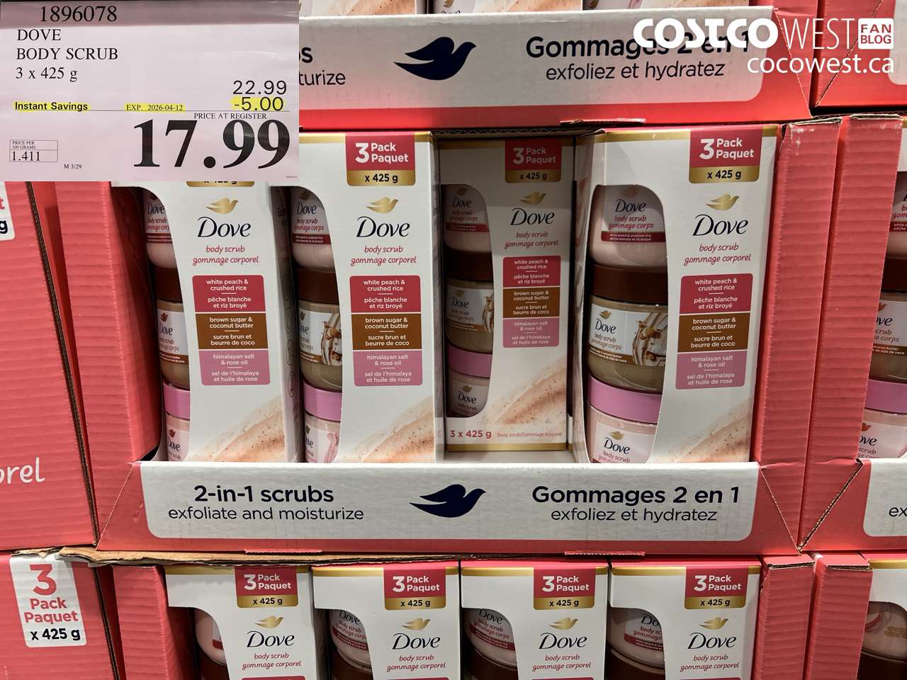 1896078 DOVE BODY SCRUB 3 X 425G ($5.00 INSTANT SAVINGS EXPIRES ON 2026-04-12) $17.99