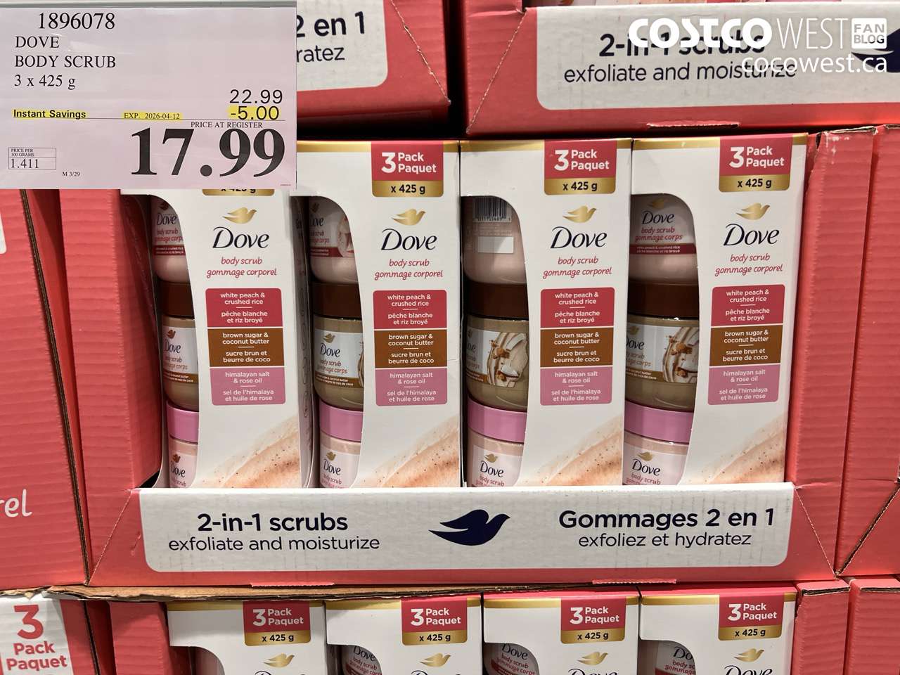 1896078 DOVE BODY SCRUB 3 X 425G ($5.00 INSTANT SAVINGS EXPIRES ON 2026-04-12) $17.99