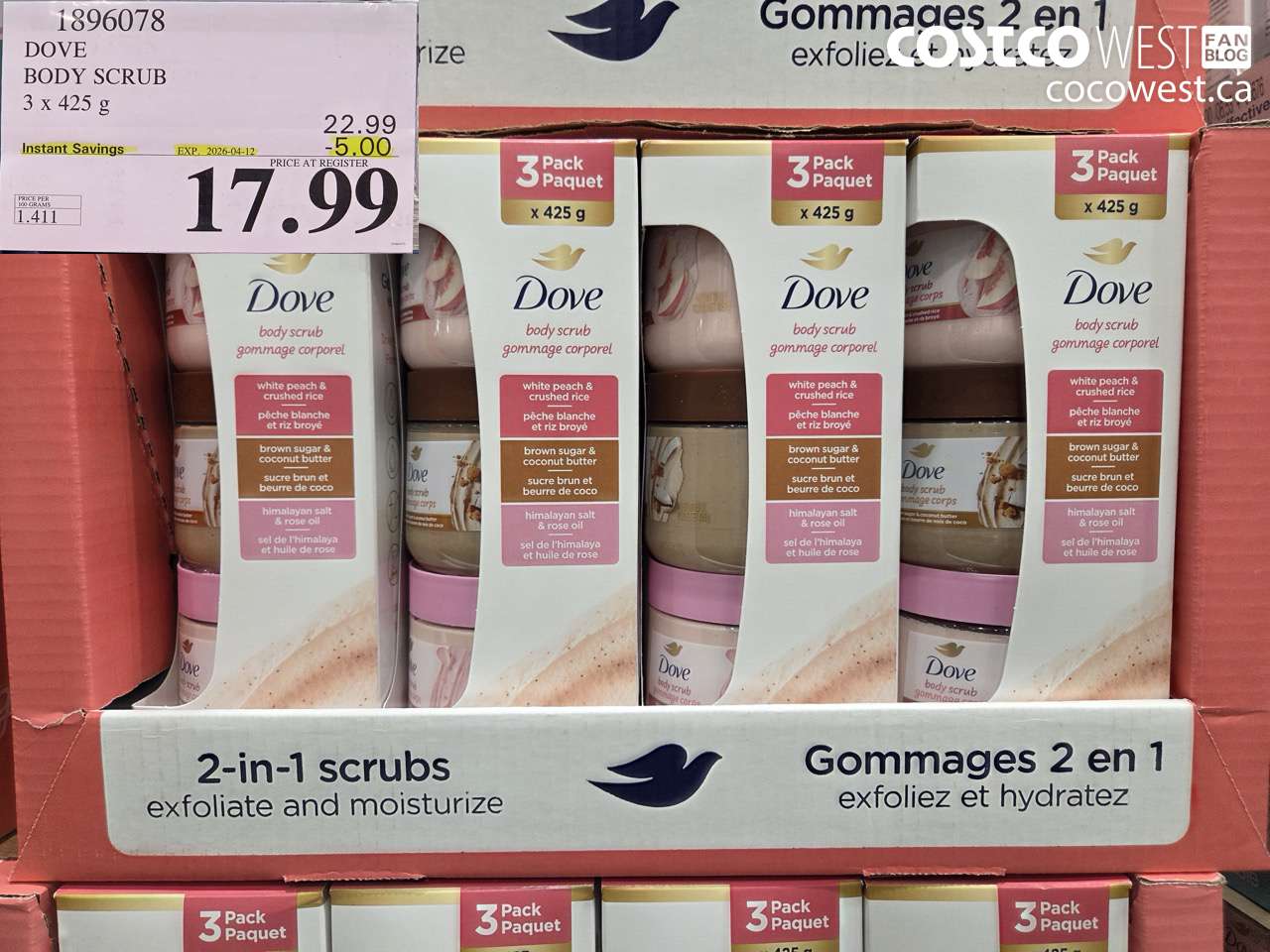 1896078 DOVE BODY SCRUB 3 X 425G ($5.00 INSTANT SAVINGS EXPIRES ON 2026-04-12) $17.99