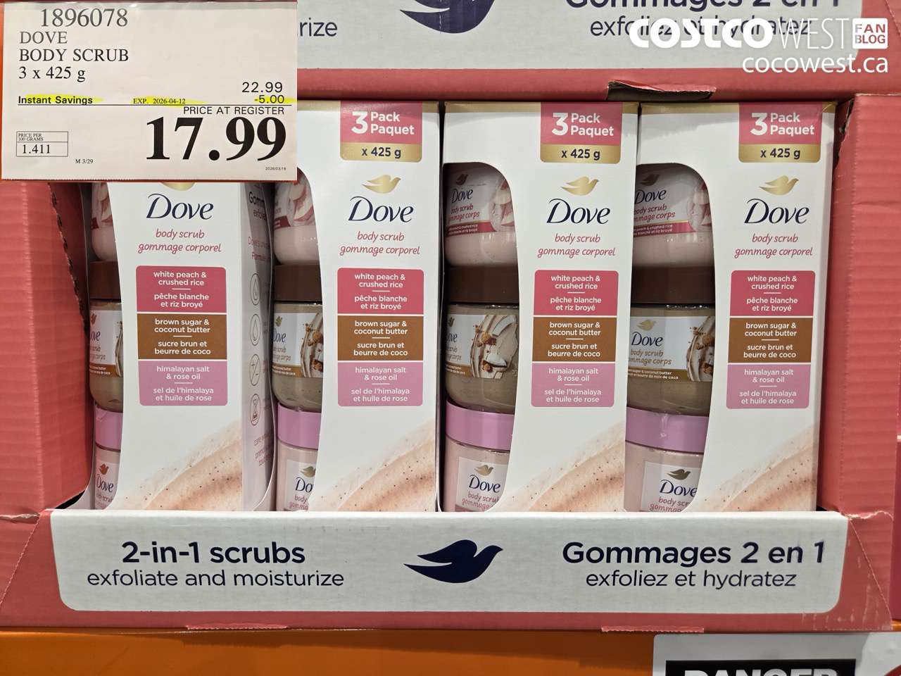 1896078 DOVE BODY SCRUB 3 X 425 G ($5.00 INSTANT SAVINGS EXPIRES ON 2026-04-12) $17.99