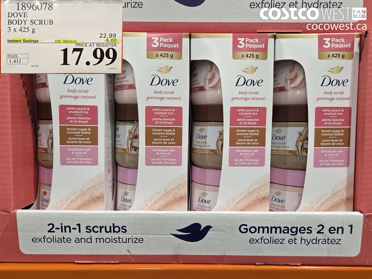 1896078 DOVE BODY SCRUB 3 X 425 G ($5.00 INSTANT SAVINGS EXPIRES ON 2026-04-12) $17.99