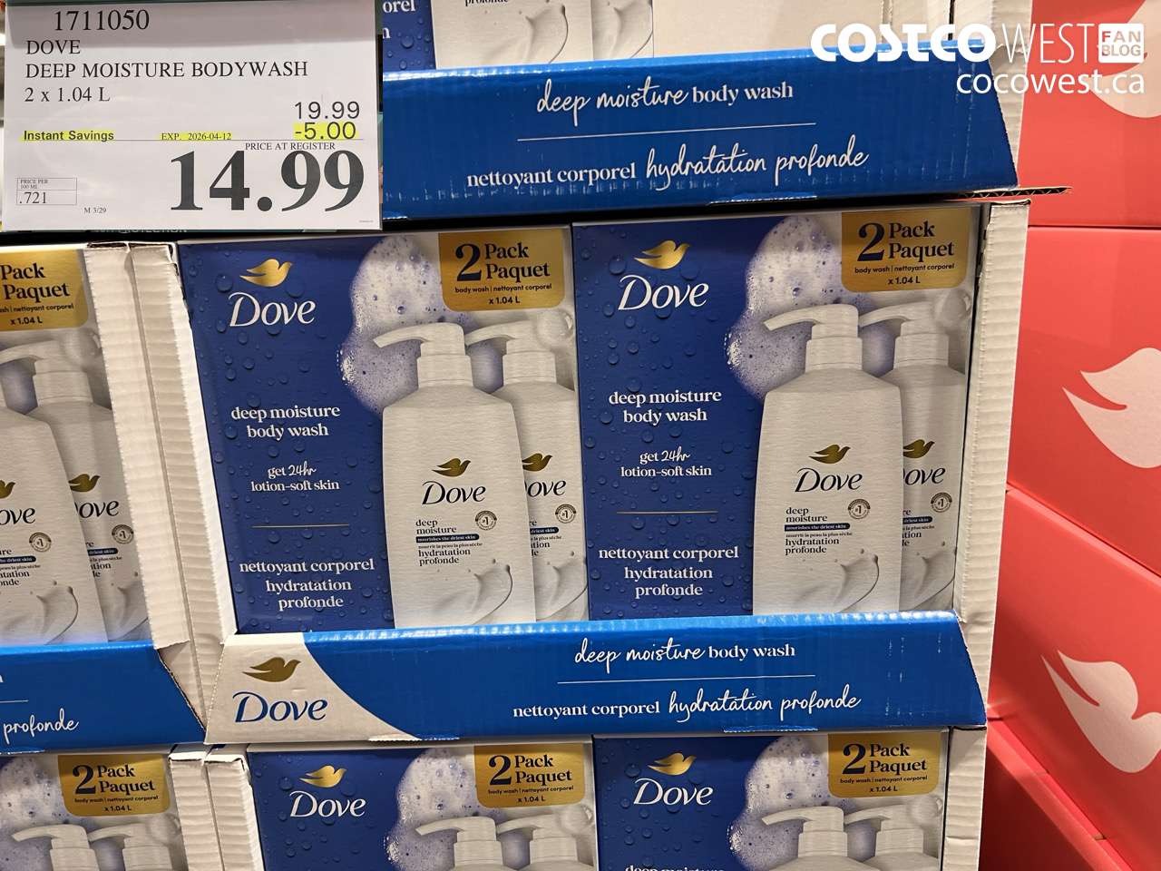 1711050 DOVE DEEP MOISTURE BODYWASH 2 X 1.04 L ($5.00 INSTANT SAVINGS EXPIRES ON 2026-04-12) $14.99