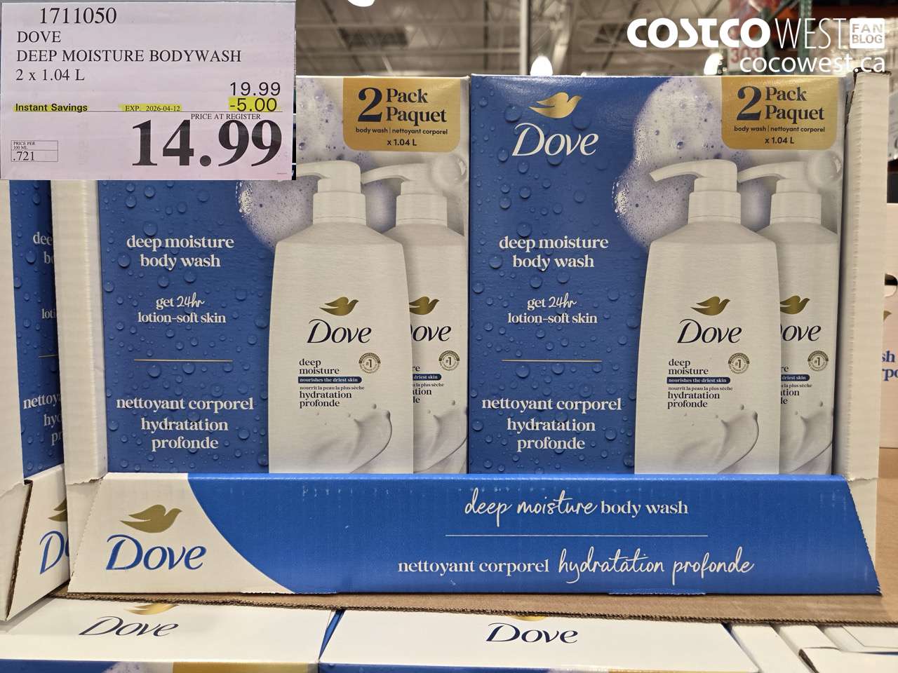 1711050 DOVE DEEP MOISTURE BODYWASH 2 X 1.04 L ($5.00 INSTANT SAVINGS EXPIRES ON 2026-04-12) $14.99