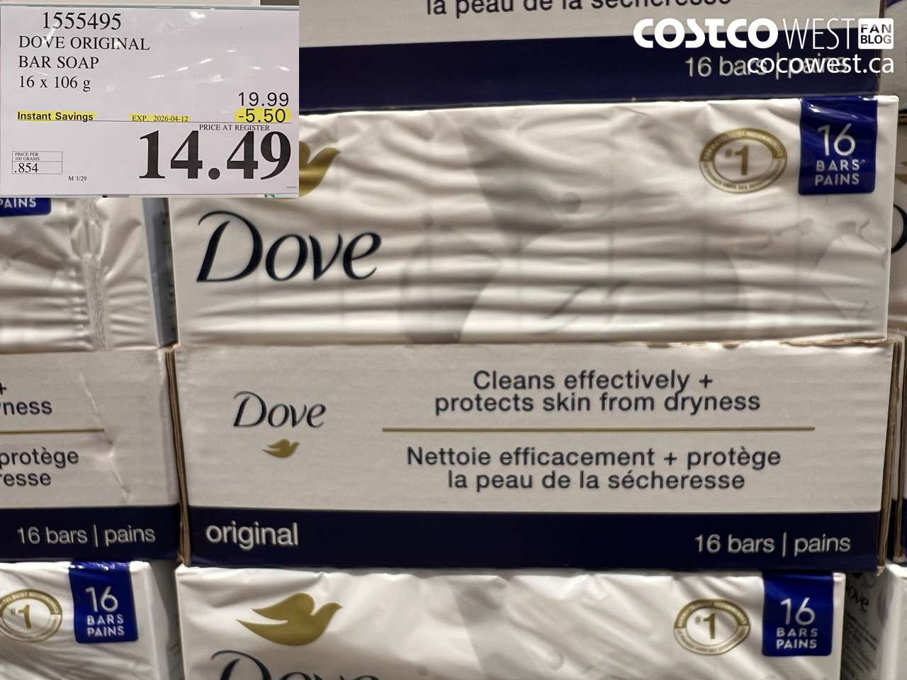1555495 DOVE ORIGINAL BAR SOAP 16 X 106 G ($5.50 INSTANT SAVINGS EXPIRES ON 2026-04-12) $14.49
