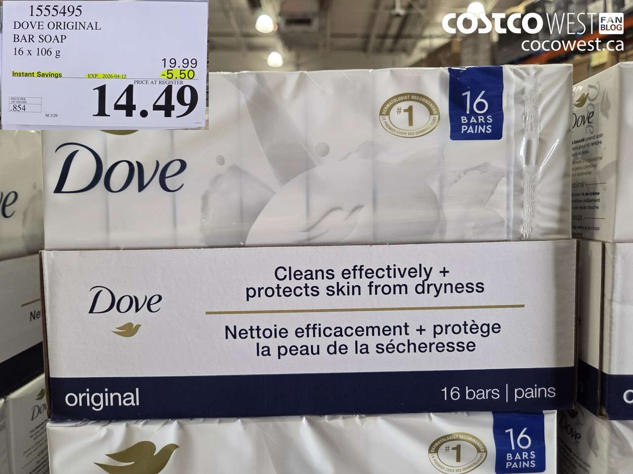 1555495 DOVE ORIGINAL BAR SOAP 16 X 106 G ($5.50 INSTANT SAVINGS EXPIRES ON 2026-04-12) $14.49