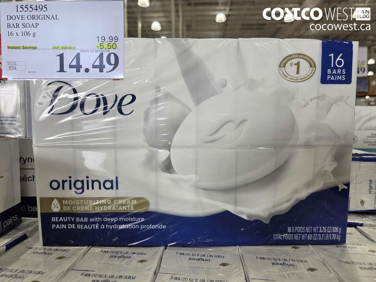 1555495 DOVE ORIGINAL BAR SOAP 16 X 106 G ($5.50 INSTANT SAVINGS EXPIRES ON 2026-04-12) $14.49