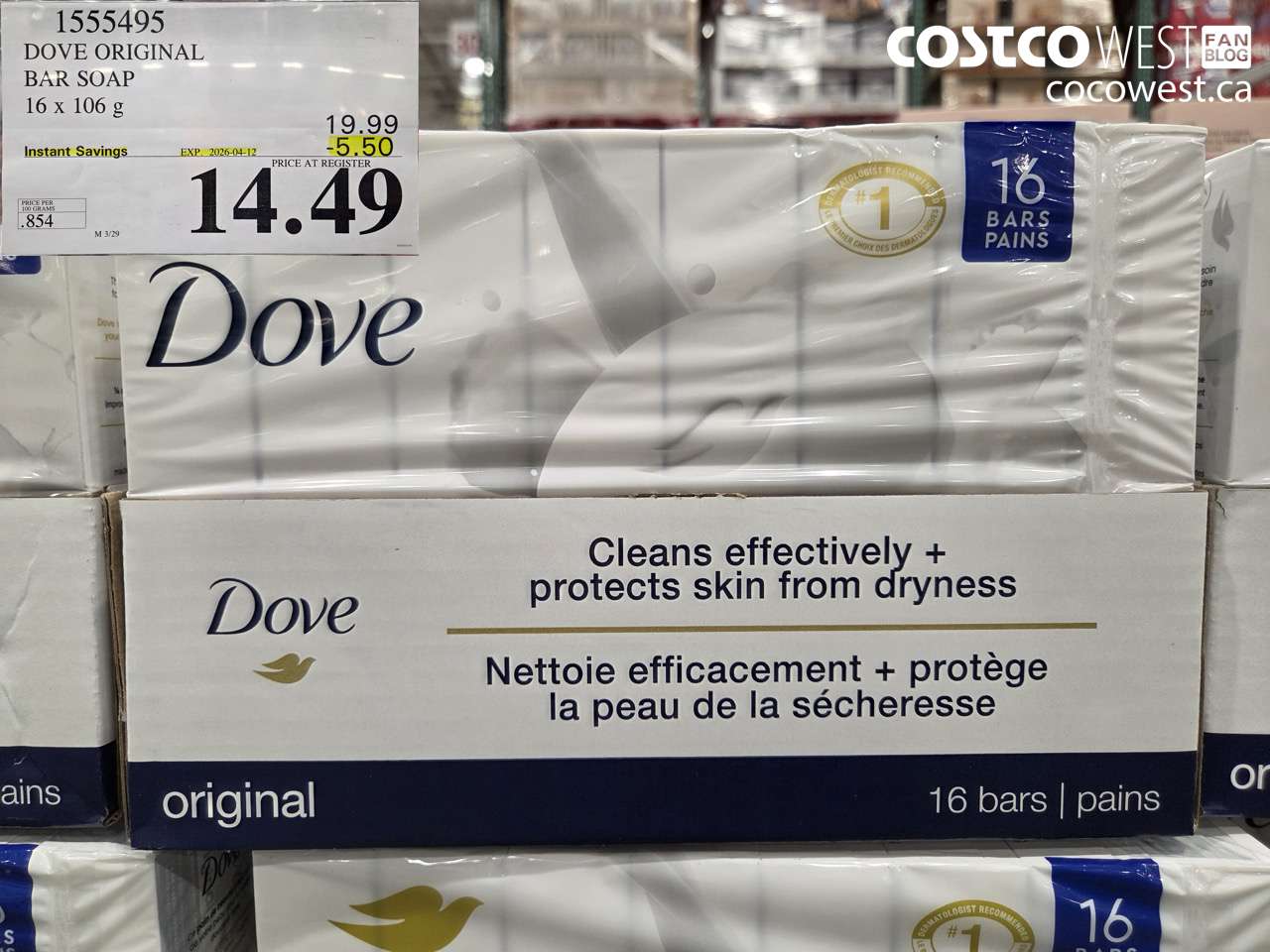 1555495 DOVE ORIGINAL BAR SOAP 16 X 106 G ($5.50 INSTANT SAVINGS EXPIRES ON 2026-04-12) $14.49