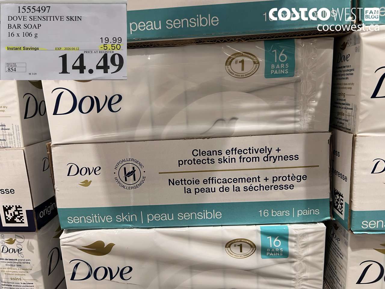 1555497 DOVE SENSITIVE SKIN BAR SOAP 16 X 106G ($5.50 INSTANT SAVINGS EXPIRES ON 2026-04-12) $14.49