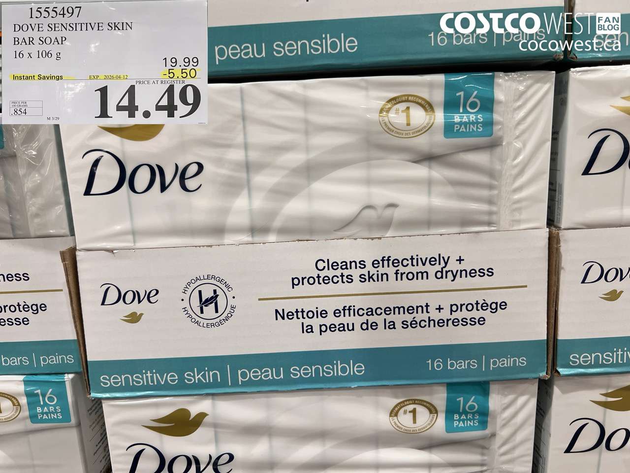 1555497 DOVE SENSITIVE SKIN BAR SOAP 16 X 106 G ($5.50 INSTANT SAVINGS EXPIRES ON 2026-04-12) $14.49