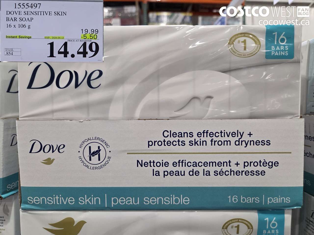 1555497 DOVE SENSITIVE SKIN BAR SOAP 16 X 106 G ($5.50 INSTANT SAVINGS EXPIRES ON 2026-04-12) $14.49
