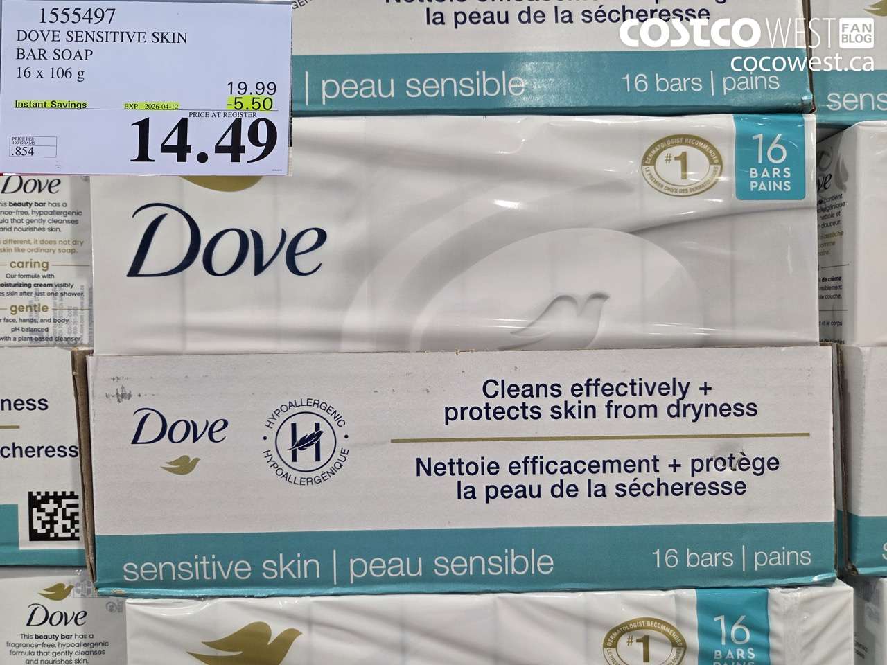 1555497 DOVE SENSITIVE SKIN BAR SOAP 16 x 106g ($5.50 INSTANT SAVINGS EXPIRES ON 2026-04-12) $14.49