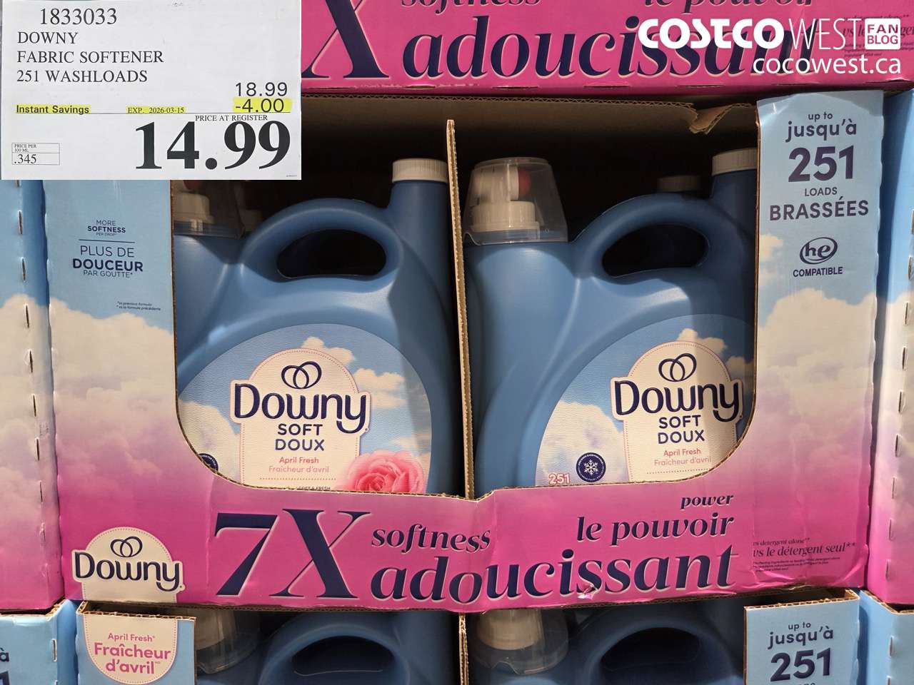 1833033 DOWNY FABRIC SOFTENER 251 WASHLOADS ($4.00 INSTANT SAVINGS EXPIRES ON 2026-03-15) $14.99