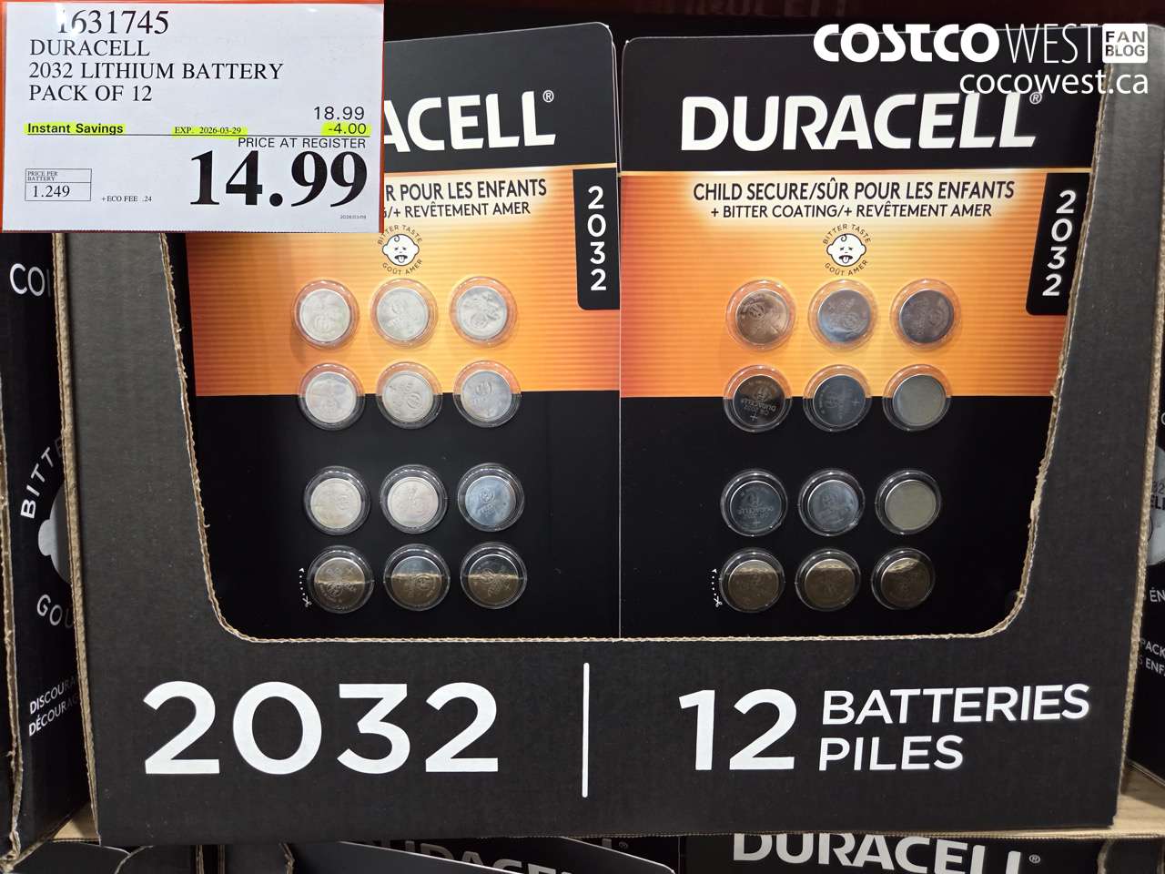 1631745 DURACELL 2032 LITHIUM BATTERY PACK OF 12 ($4.00 INSTANT SAVINGS EXPIRES ON 2026-03-29) $14.99