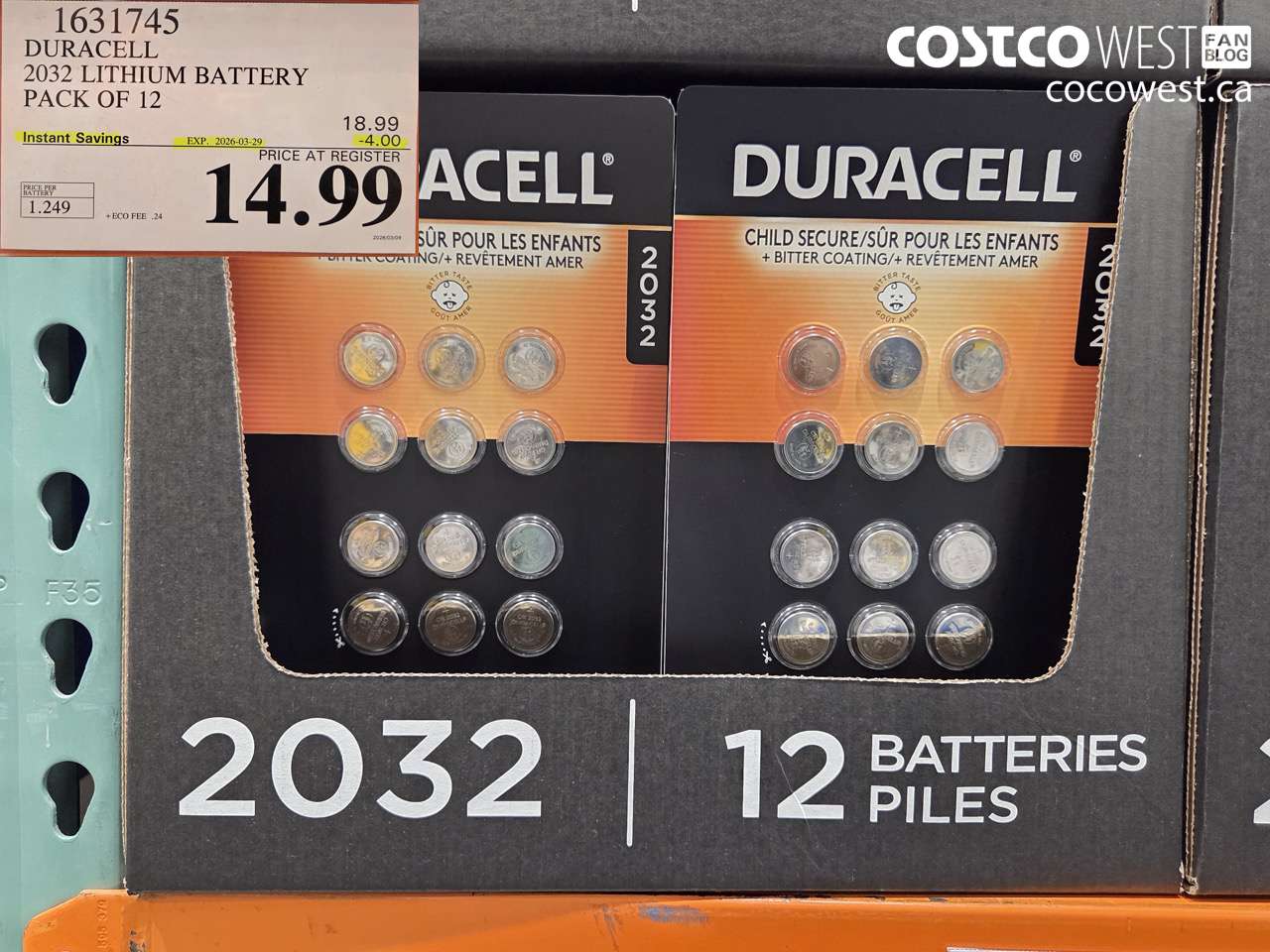 1631745 DURACELL 2032 LITHIUM BATTERY PACK OF 12 ($4.00 INSTANT SAVINGS EXPIRES ON 2026-03-29) $14.99
