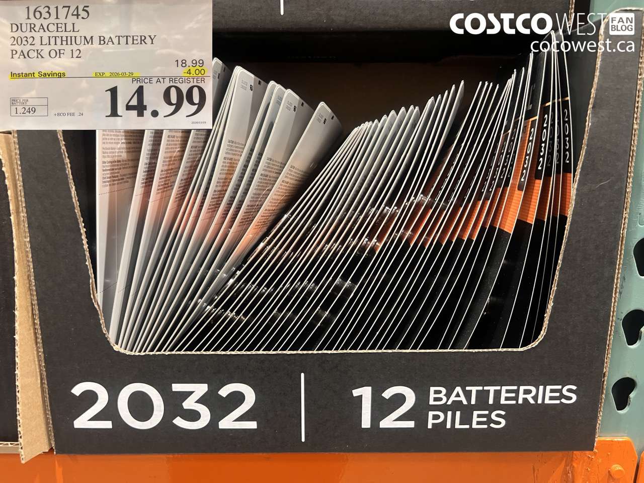 1631745 DURACELL 2032 LITHIUM BATTERY PACK OF 12 ($4.00 INSTANT SAVINGS EXPIRES ON 2026-03-29) $14.99