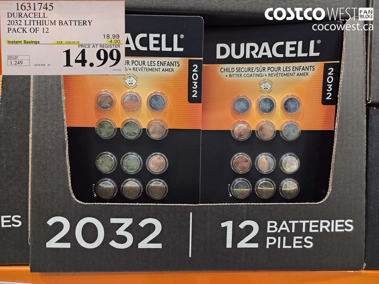 1631745 DURACELL 2032 LITHIUM BATTERY PACK OF 12 ($4.00 INSTANT SAVINGS EXPIRES ON 2026-03-29) $14.99