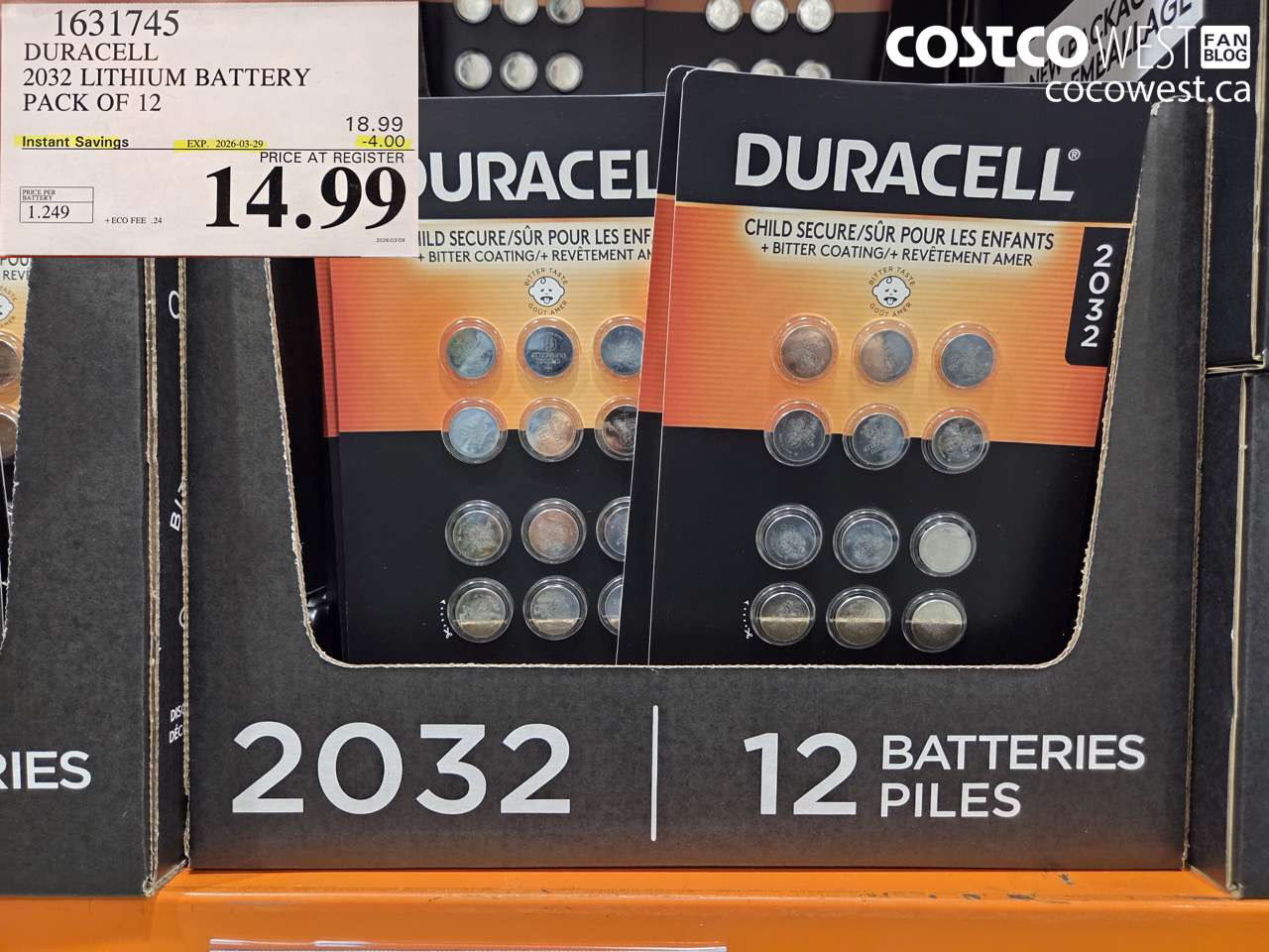 1631745 DURACELL 2032 LITHIUM BATTERY PACK OF 12 ($4.00 INSTANT SAVINGS EXPIRES ON 2026-03-29) $14.99