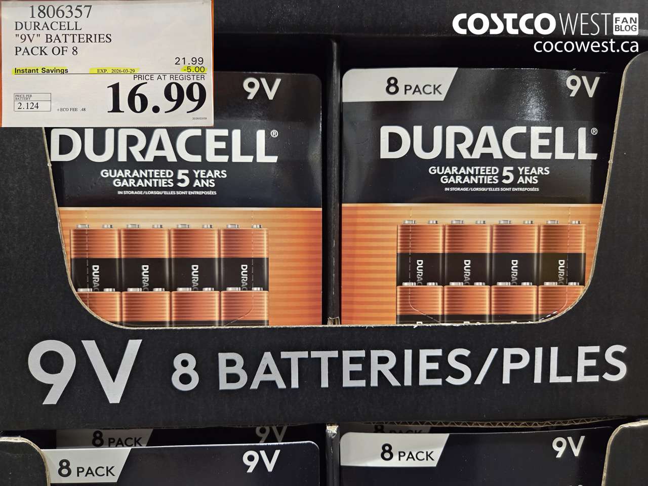 1806357 DURACELL 9V BATTERIES PACK OF 8 ($5.00 INSTANT SAVINGS EXPIRES ON 2026-03-29) $16.99