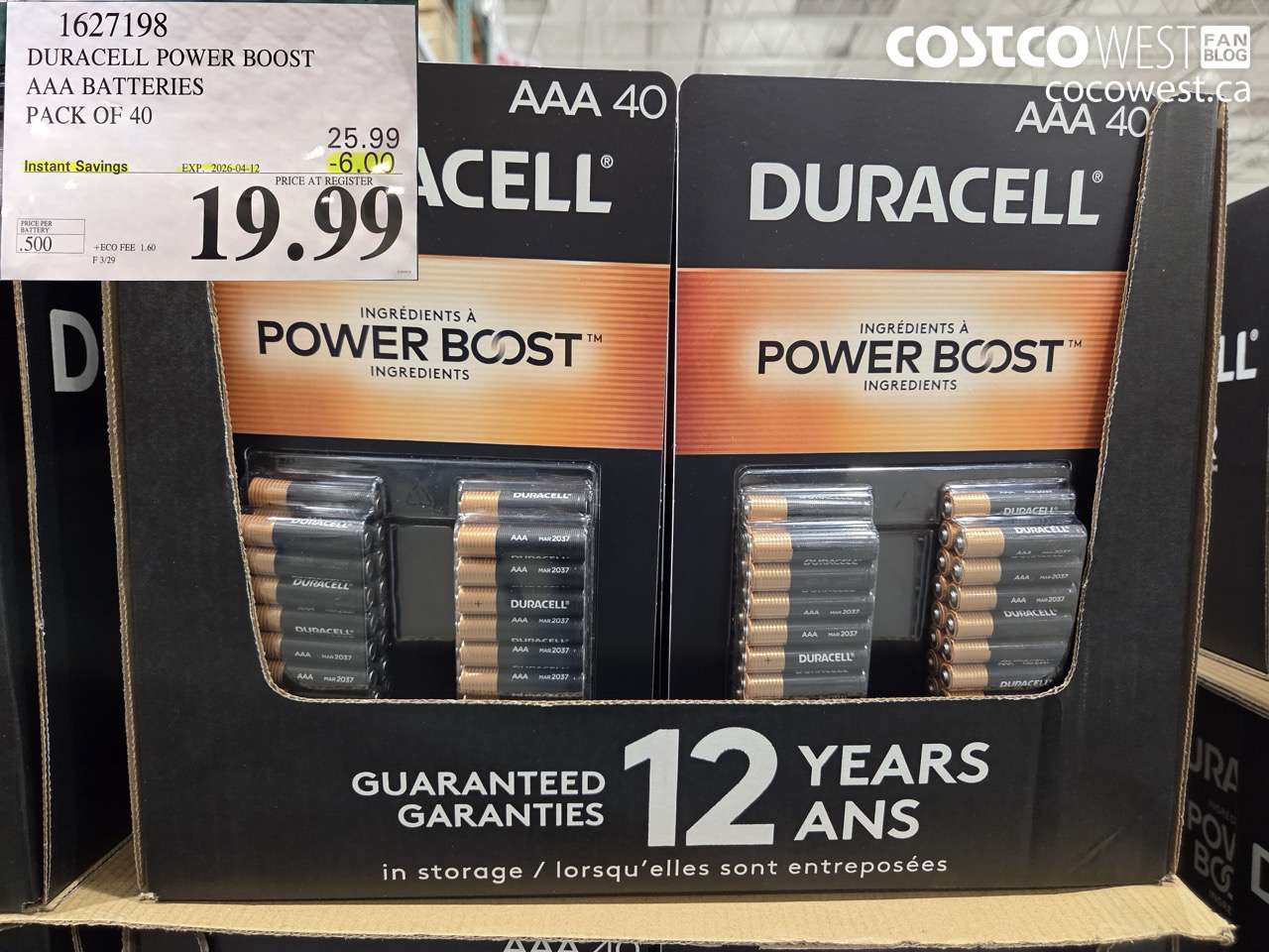 1627198 DURACELL POWER BOOST AAA BATTERIES PACK OF 40 ($6.00 INSTANT SAVINGS EXPIRES ON 2026-04-12) $19.99