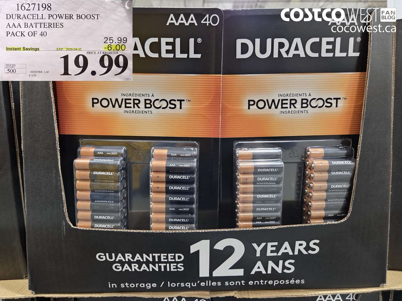 1627198 DURACELL POWER BOOST AAA BATTERIES PACK OF 40 ($6.00 INSTANT SAVINGS EXPIRES ON 2026-04-12) $19.99