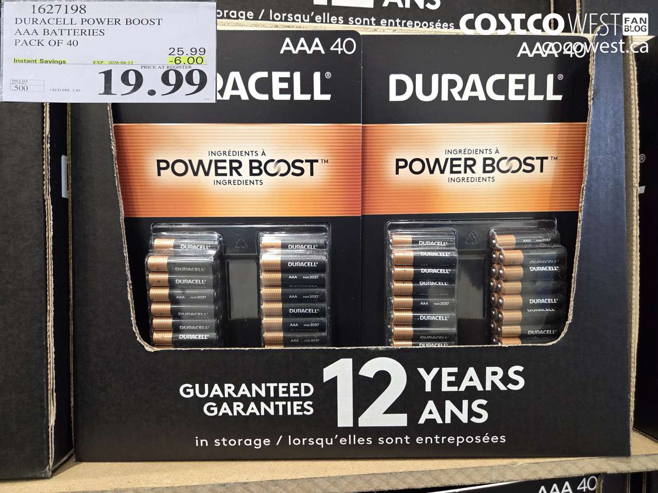 1627198 DURACELL POWER BOOST AAA BATTERIES PACK OF 40 ($6.00 INSTANT SAVINGS EXPIRES ON 2026-04-12) $19.99