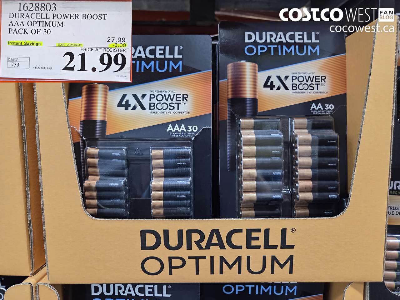 1628803 DURACELL POWER BOOST AAA OPTIMUM PACK OF 30 ($6.00 INSTANT SAVINGS EXPIRES ON 2026-04-12) $21.99