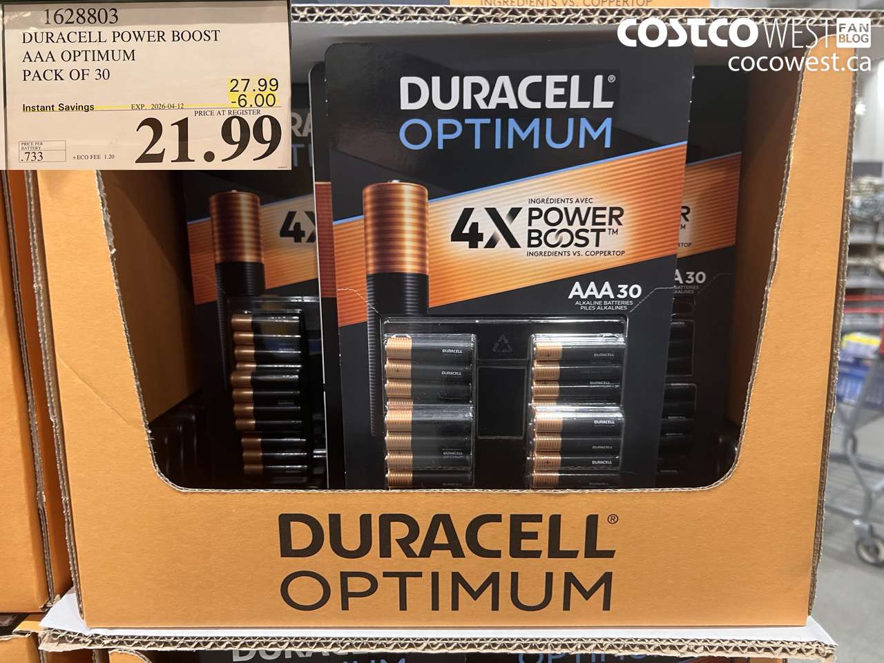 1628803 DURACELL POWER BOOST AAA OPTIMUM PACK OF 30 ($6.00 INSTANT SAVINGS EXPIRES ON 2026-04-12) $21.99