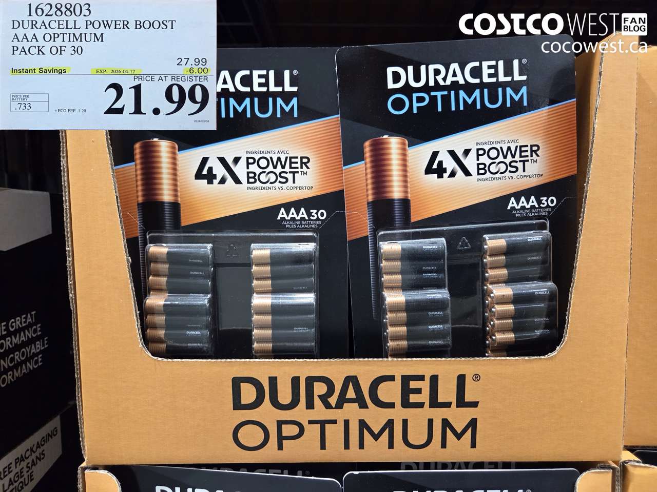 1628803 DURACELL POWER BOOST AAA OPTIMUM PACK OF 30 ($6.00 INSTANT SAVINGS EXPIRES ON 2026-04-12) $21.99
