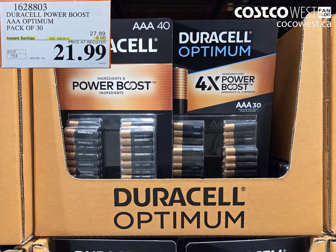 1628803 DURACELL POWER BOOST AAA OPTIMUM PACK OF 30 ($6.00 INSTANT SAVINGS EXPIRES ON 2026-04-12) $21.99