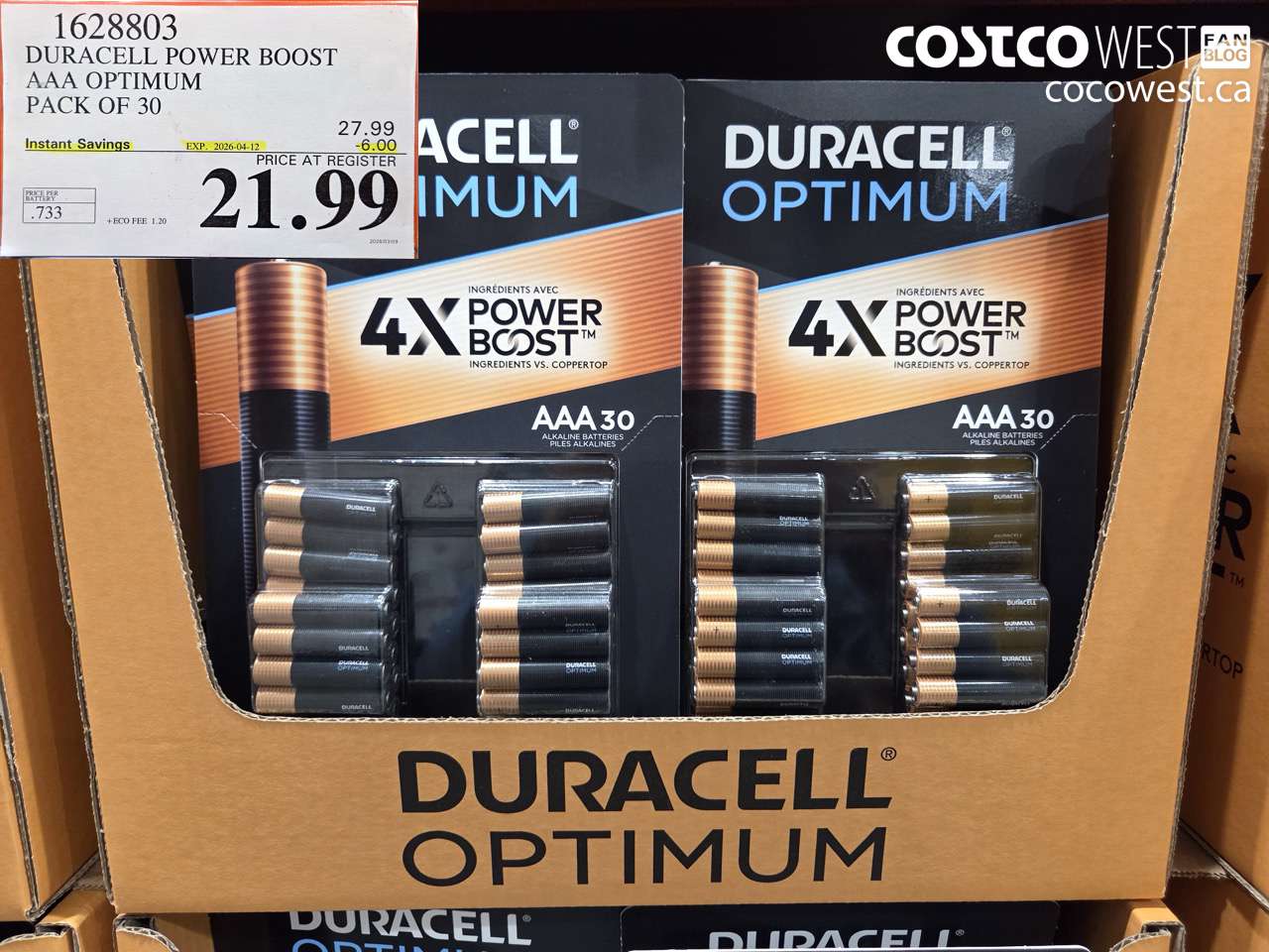 1628803 DURACELL POWER BOOST AAA OPTIMUM PACK OF 30 ($6.00 INSTANT SAVINGS EXPIRES ON 2026-04-12) $21.99