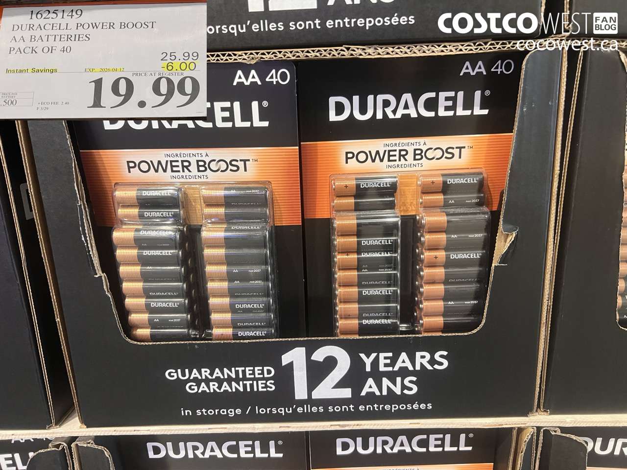 1625149 DURACELL POWER BOOST AA BATTERIES PACK OF 40 ($6.00 INSTANT SAVINGS EXPIRES ON 2026-04-12) $19.99