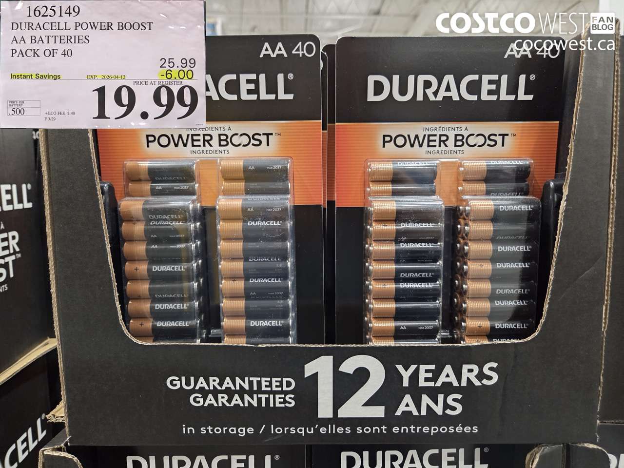 1625149 DURACELL POWER BOOST AA BATTERIES PACK OF 40 ($6.00 INSTANT SAVINGS EXPIRES ON 2026-04-12) $19.99