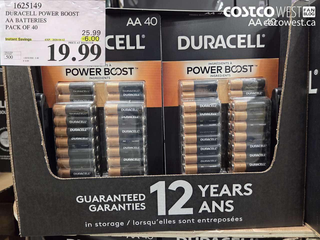 1625149 DURACELL POWER BOOST AA BATTERIES PACK OF 40 ($6.00 INSTANT SAVINGS EXPIRES ON 2026-04-12) $19.99