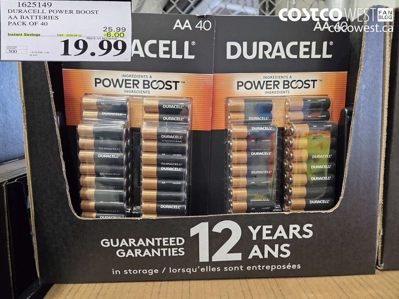1625149 DURACELL POWER BOOST AA BATTERIES PACK OF 40 ($6.00 INSTANT SAVINGS EXPIRES ON 2026-04-12) $19.99