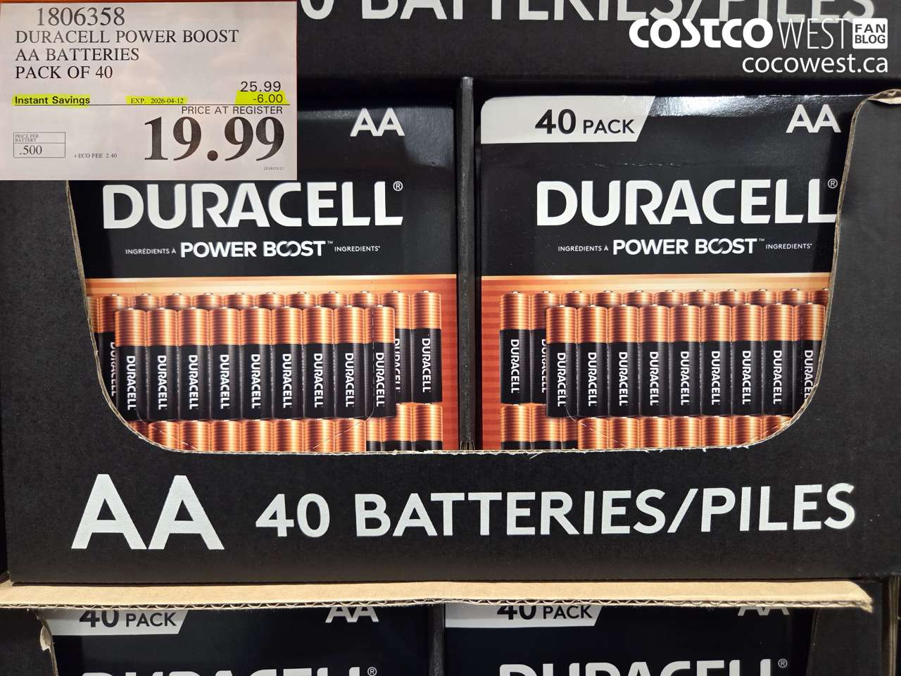 1806358 DURACELL POWER BOOST AA BATTERIES PACK OF 40 ($6.00 INSTANT SAVINGS EXPIRES ON 2026-04-12) $19.99