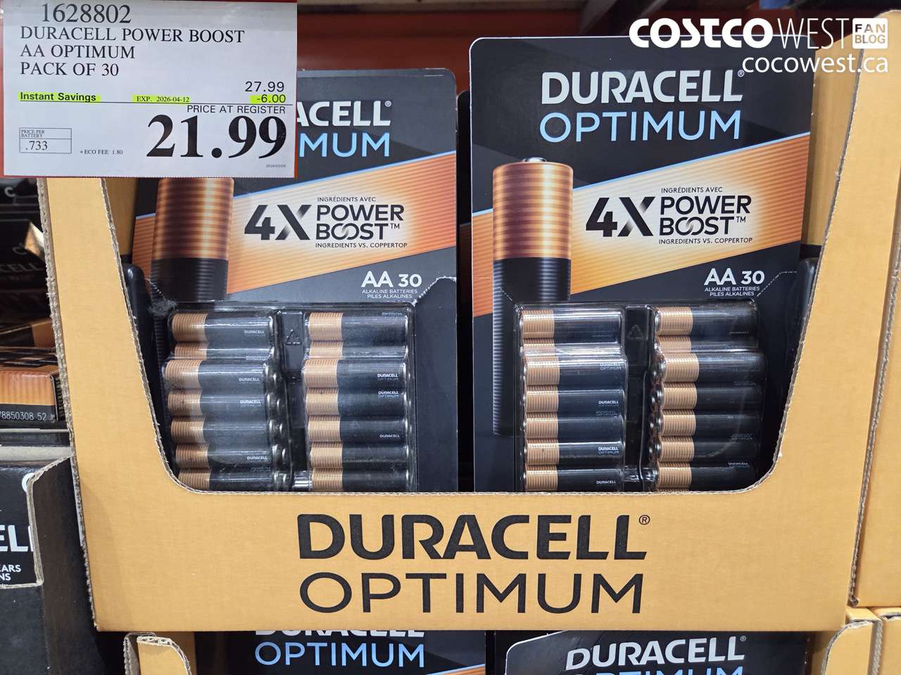 1628802 DURACELL POWER BOOST AA OPTIMUM PACK OF 30 ($6.00 INSTANT SAVINGS EXPIRES ON 2026-04-12) $21.99