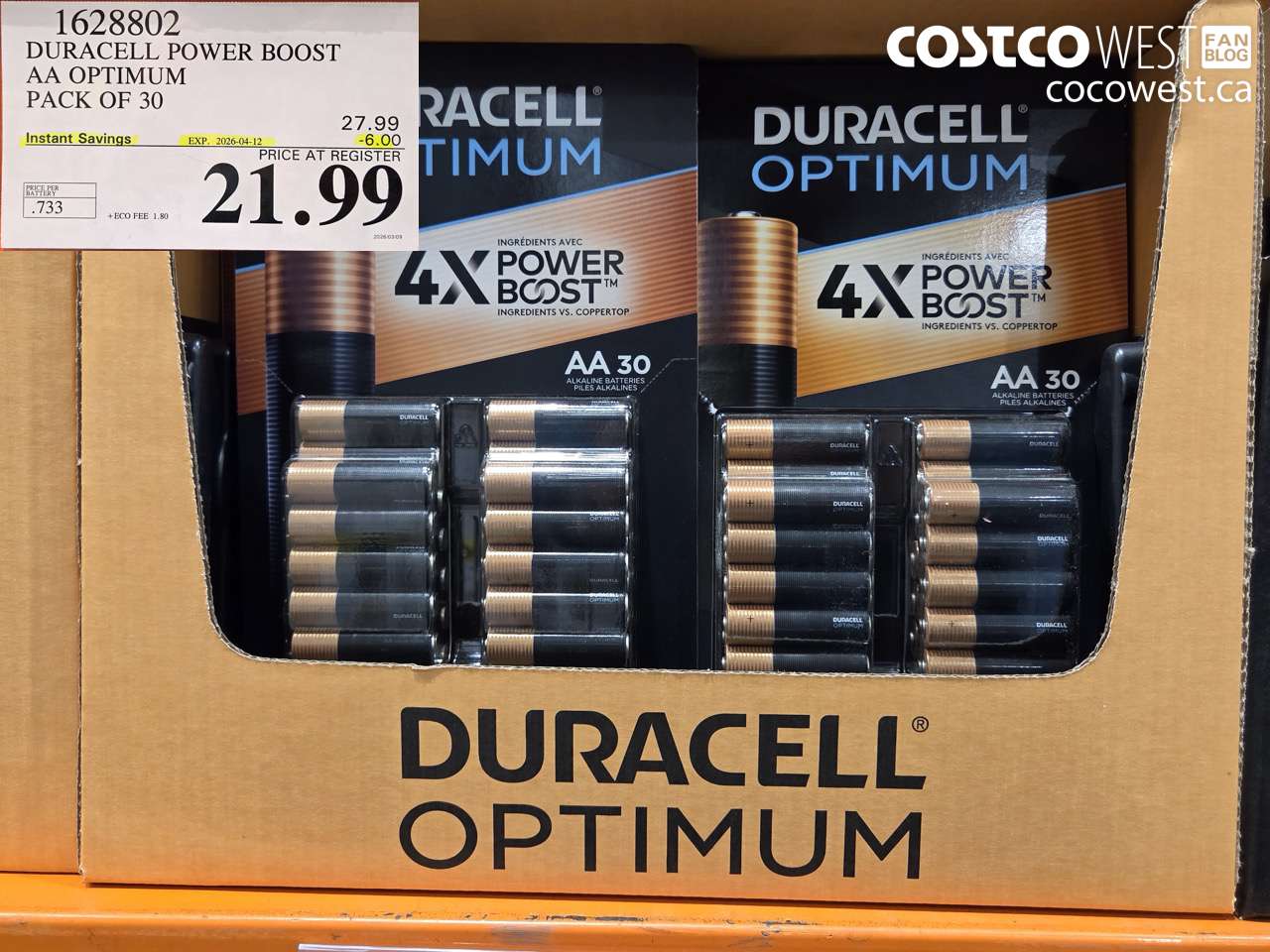 1628802 DURACELL POWER BOOST AA OPTIMUM PACK OF 30 ($6.00 INSTANT SAVINGS EXPIRES ON 2026-04-12) $21.99