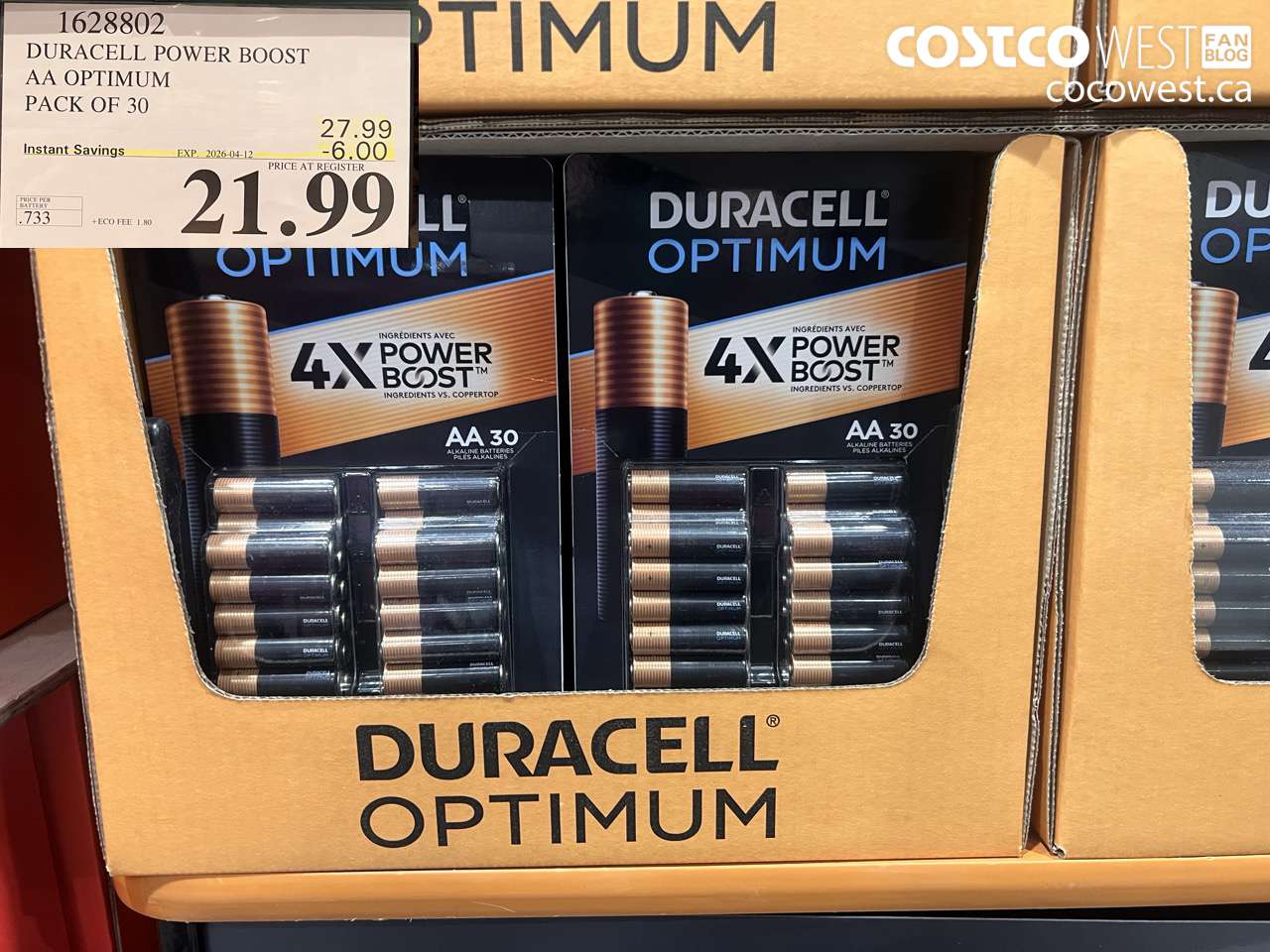 1628802 DURACELL POWER BOOST AA OPTIMUM PACK OF 30 ($6.00 INSTANT SAVINGS EXPIRES ON 2026-04-12) $21.99