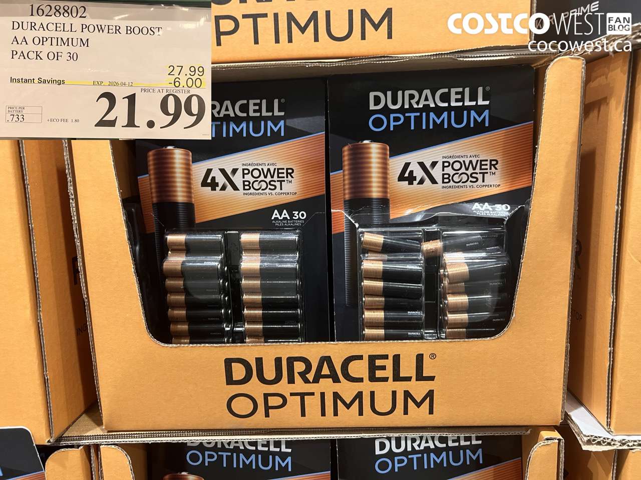 1628802 DURACELL POWER BOOST AA OPTIMUM PACK OF 30 ($6.00 INSTANT SAVINGS EXPIRES ON 2026-04-12) $21.99
