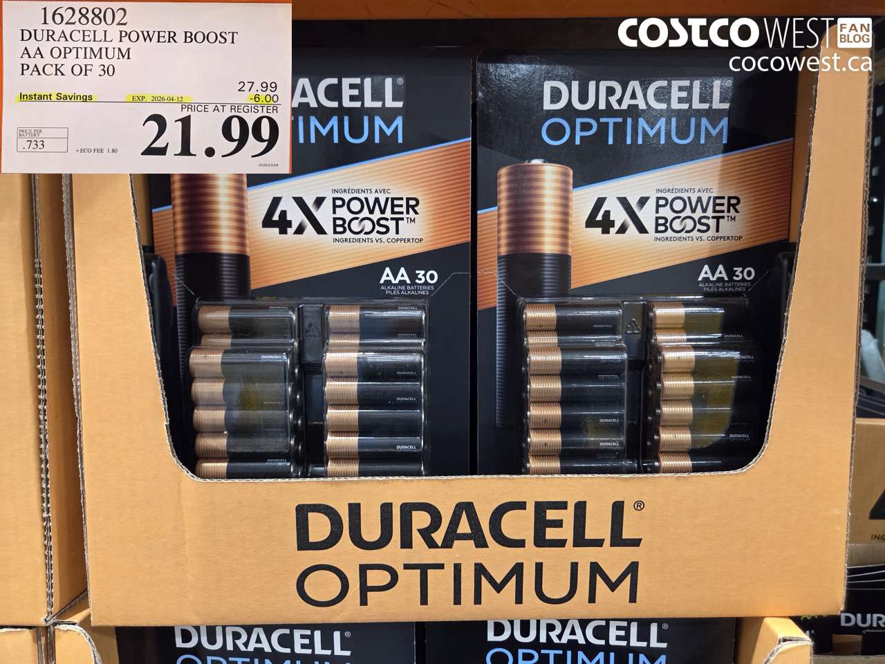 1628802 DURACELL POWER BOOST AA OPTIMUM PACK OF 30 ($6.00 INSTANT SAVINGS EXPIRES ON 2026-04-12) $21.99