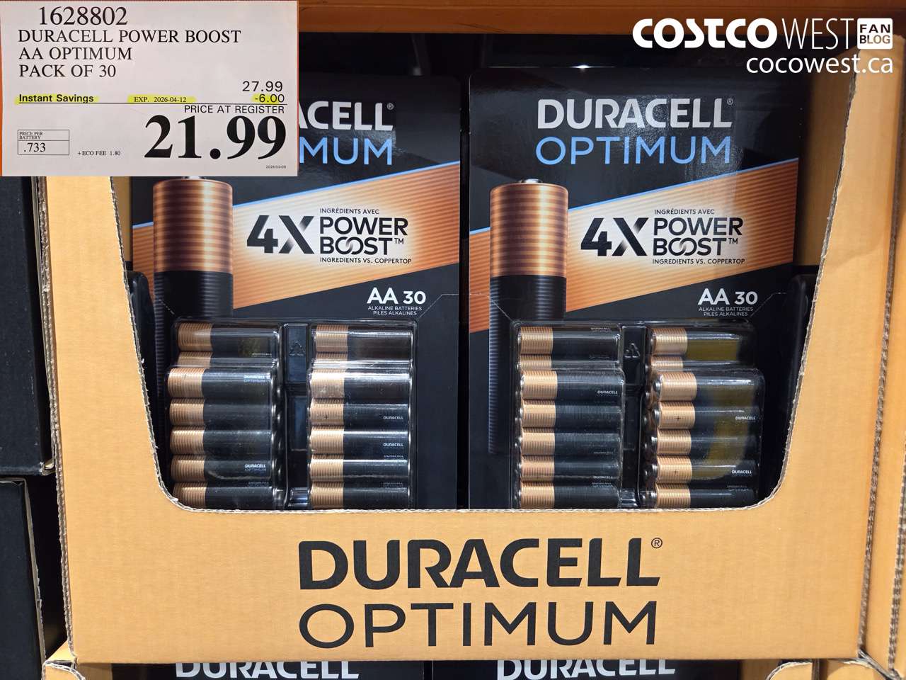 1628802 DURACELL POWER BOOST AA OPTIMUM PACK OF 30 ($6.00 INSTANT SAVINGS EXPIRES ON 2026-04-12) $21.99