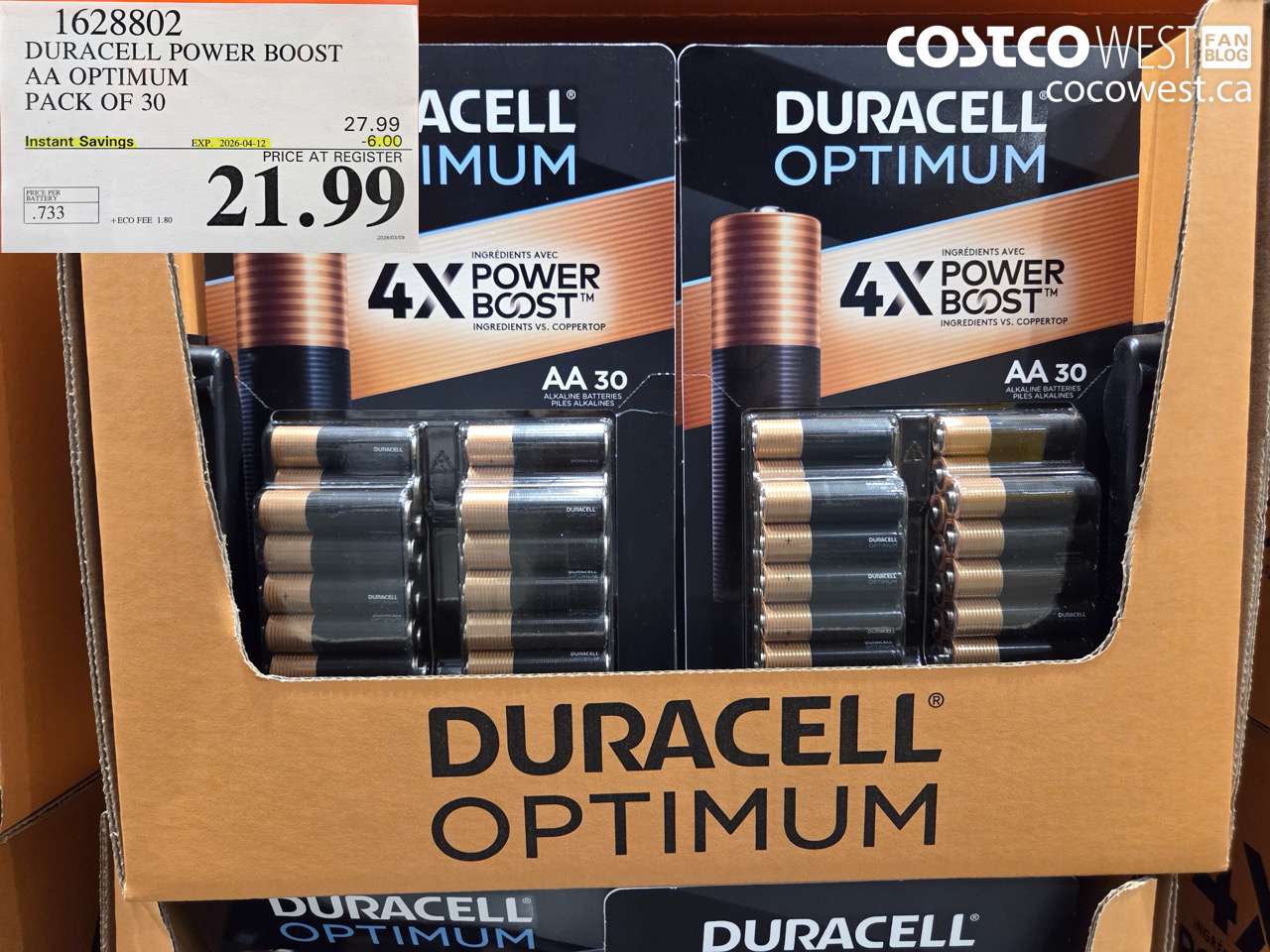 1628802 DURACELL POWER BOOST AA OPTIMUM PACK OF 30 ($6.00 INSTANT SAVINGS EXPIRES ON 2026-04-12) $21.99