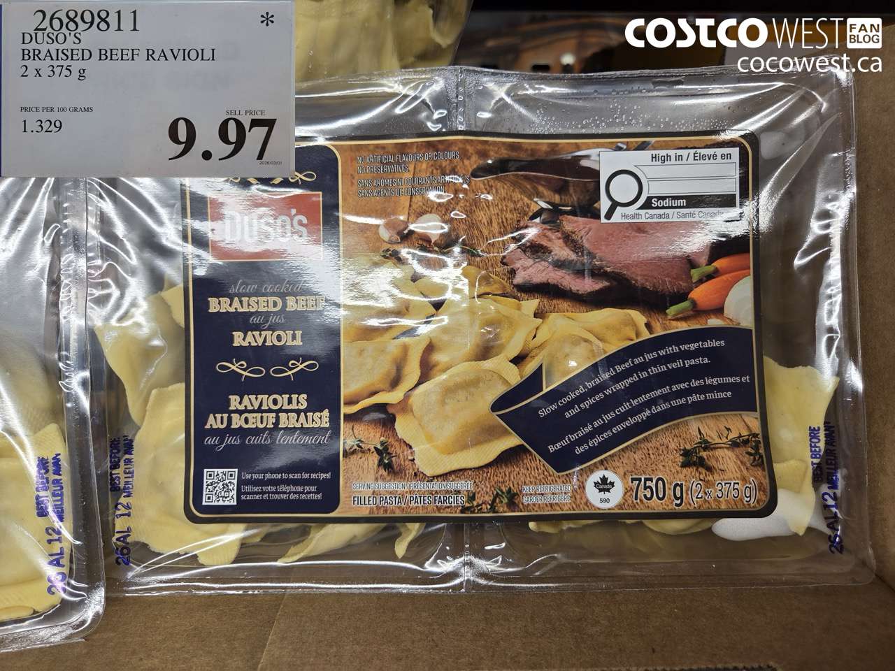 2689811 DUSO'S BRAISED BEEF RAVIOLI 2 X 375G $9.97