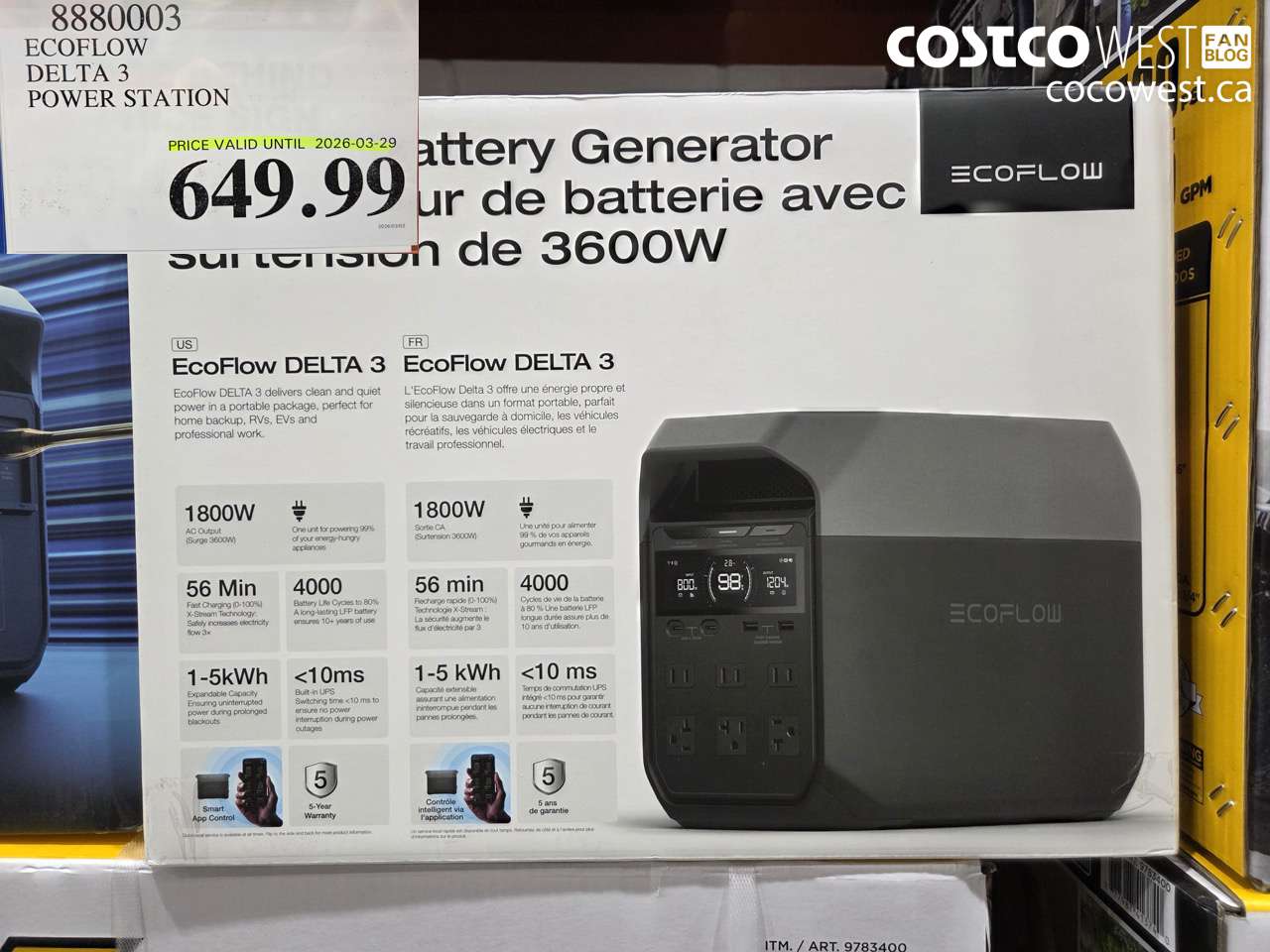 8880003 ECOFLOW DELTA 3 POWER STATION (EXPIRES ON 2026-03-29) $649.99