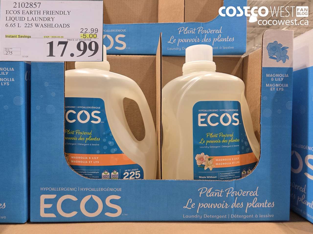 2102857 ECOS EARTH FRIENDLY LIQUID LAUNDRY 6.65 L 225 WASHLOADS ($5.00 INSTANT SAVINGS EXPIRES ON 2026-03-29) $17.99